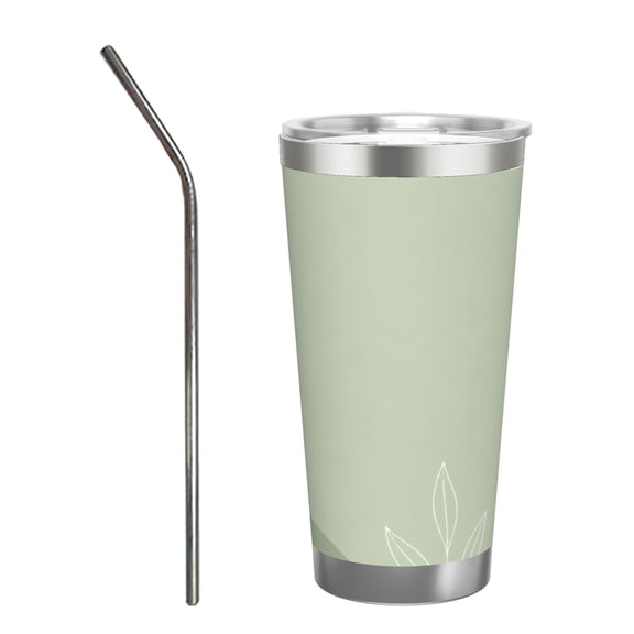20oz Minimalist Sage Green Botanical Line Insulated Tumbler with Handle and Straw Travel Cup Car Cup with Stainless Steel Straw