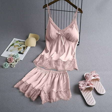 

MPWEGNP Women V-Neck Eyelash Silk Lace Sexy Stain Camisole Pajamas Bowknot Shorts Set