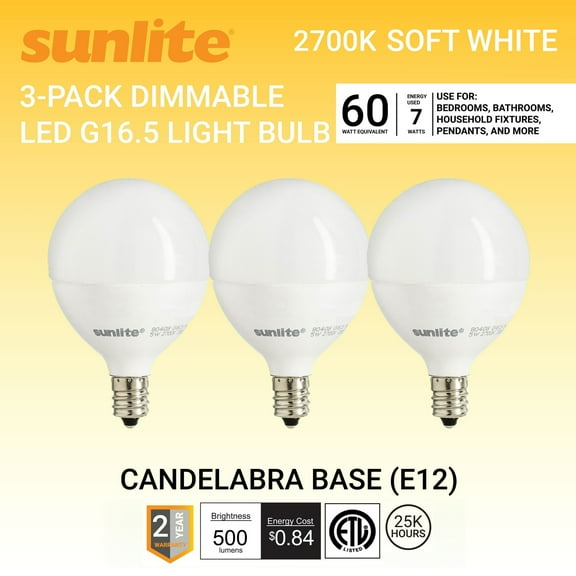 Sunlite LED G16.5 Globe Light Bulb, 7 Watts (60W Equivalent), 500 Lumens, 2700k Soft White, Dimmable, Candelabra E12 Base, Short Bulbs, Vanity Bulbs, Frosted, 3 Count