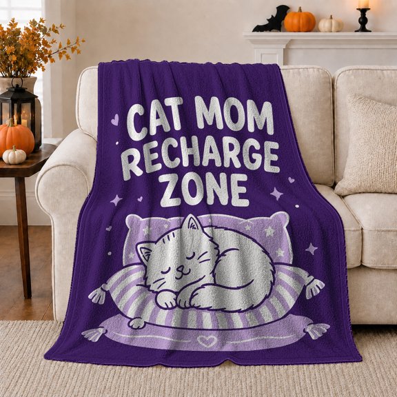 Whimsical Cat person Recharge Zone Illustration Purple, Playful Pet Portrait Pattern, Warm Flannel Blanket for Living Room and Bedroom, Cat Lovers decorative theme Gift, Pet Lover Home Decor