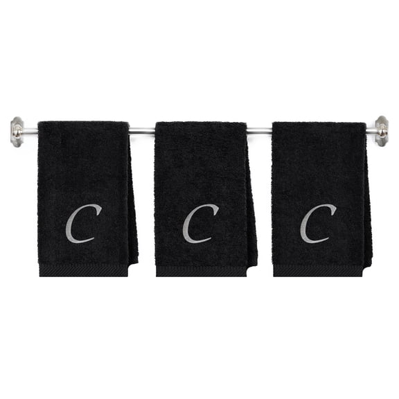 Personalized Terry Cotton Hand Towel for Bathroom and Kitchen - Personalized Gift - Black Color Towel - Silver Script Initial C