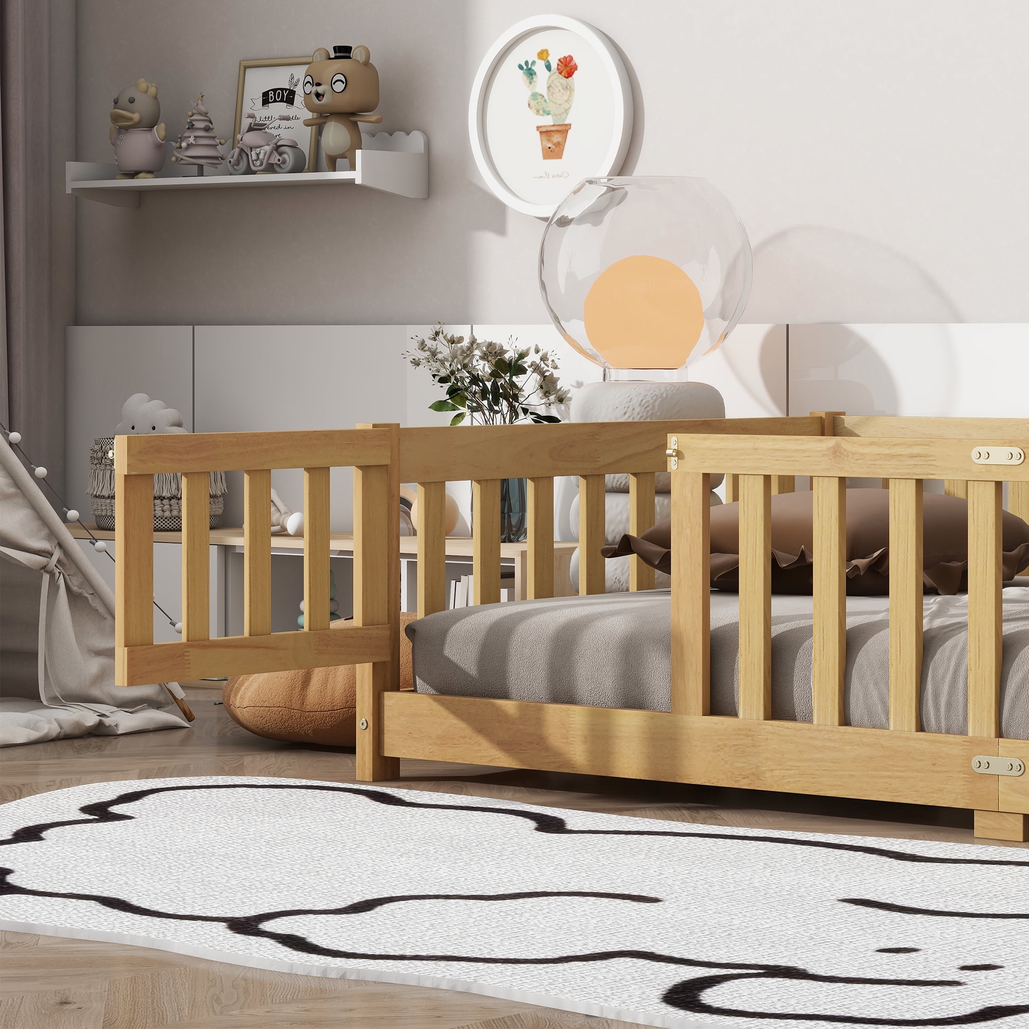 Twin Size Floor Bed with Door and Fence, UHOMEPRO Montessori Floor Bed with Slats and Safety Guardrails, Solid Wood Twin Bed Frame for Bedroom, Natural