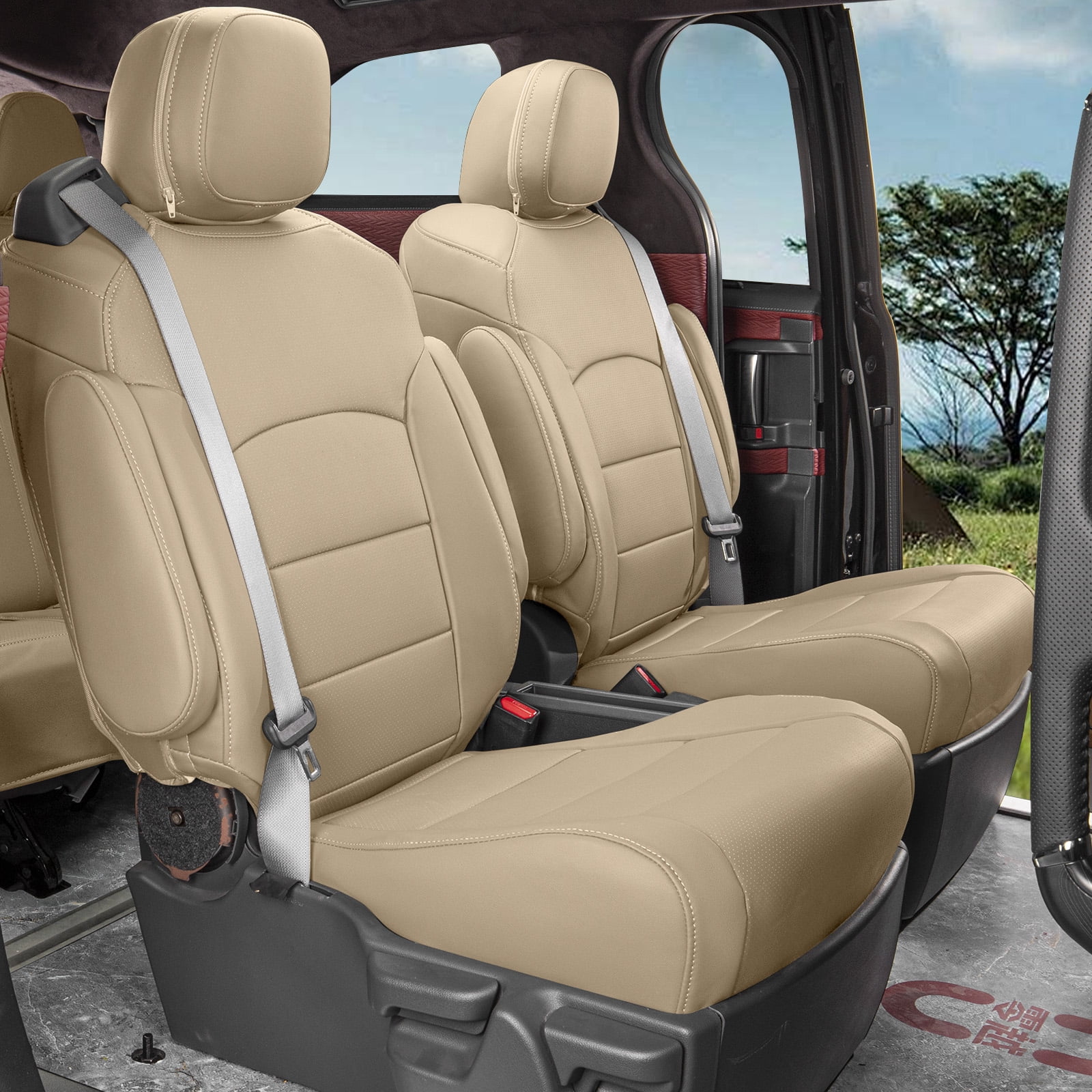 Coverdream Custom Fit Sienna(7 Seat) Car Seat Covers for 2021-2026 Toyota Sienna XLE,XSE,Limited,Platinum 2023-2026 Woodland Edition-Leather Seat Covers(Full Set,Beige)