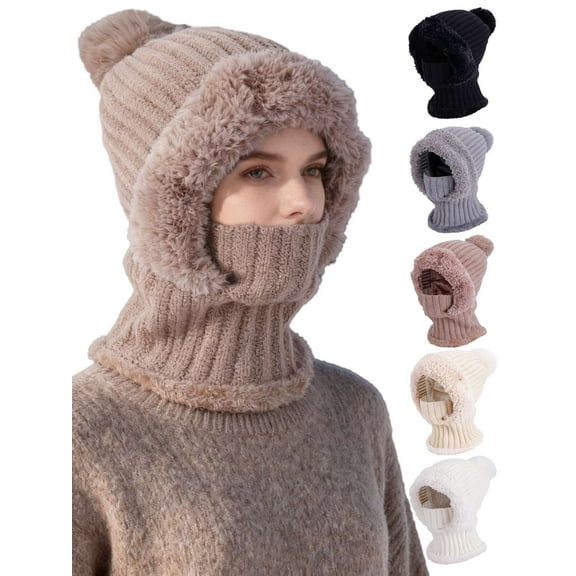 Spencer Womens Winter Hats, 3-in-1 Winter Beanie Scarf & Mask Set Knit Beanie Hat Fleece Lined Skull Hats with Pompom for Women, Gray