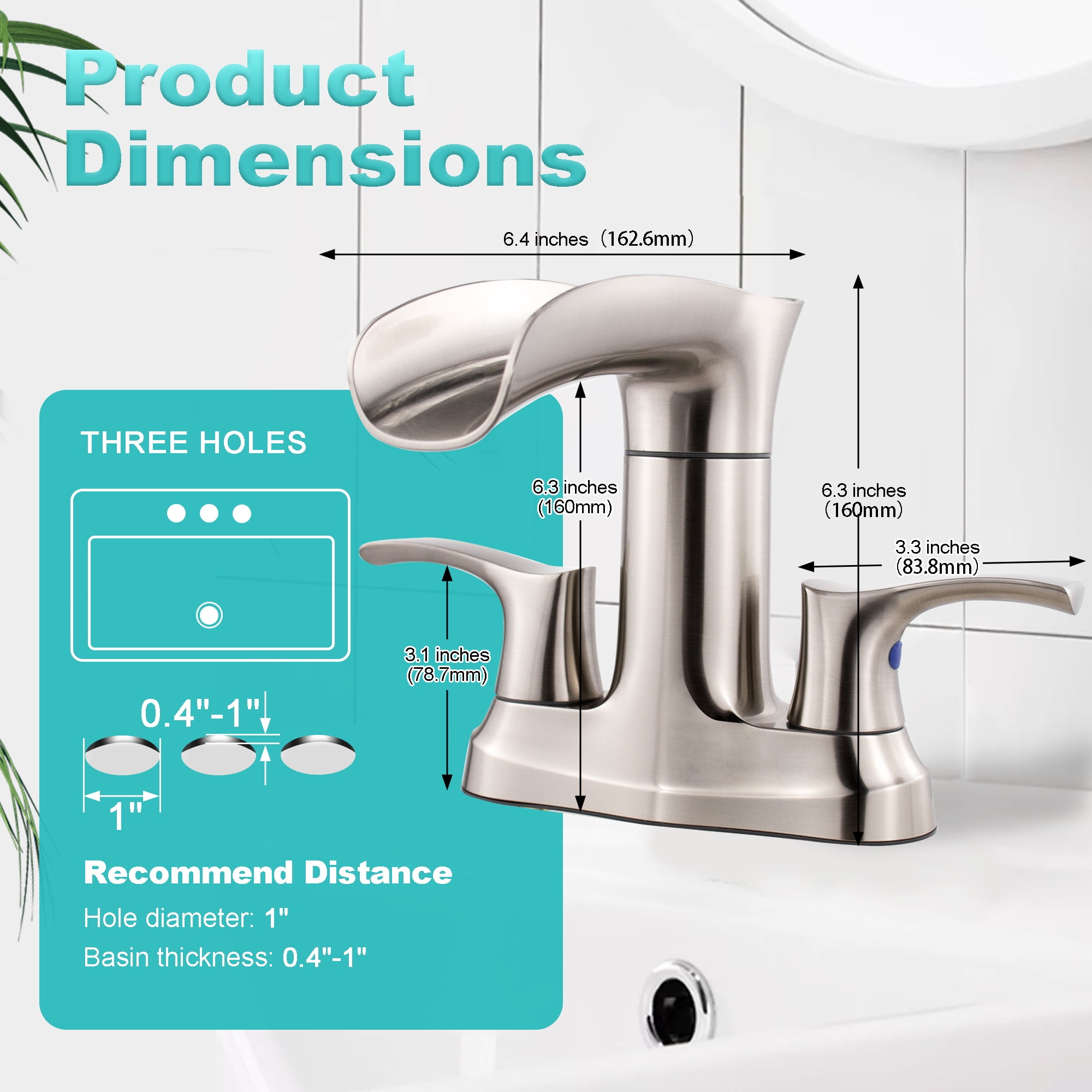Sunrinx 4'' Centerset Bathroom Faucet 2-Handle Waterfall Faucet with 360° Swivel Spout, Brushed Nickel, Lead-Free Plastic, Pop-Up Drain