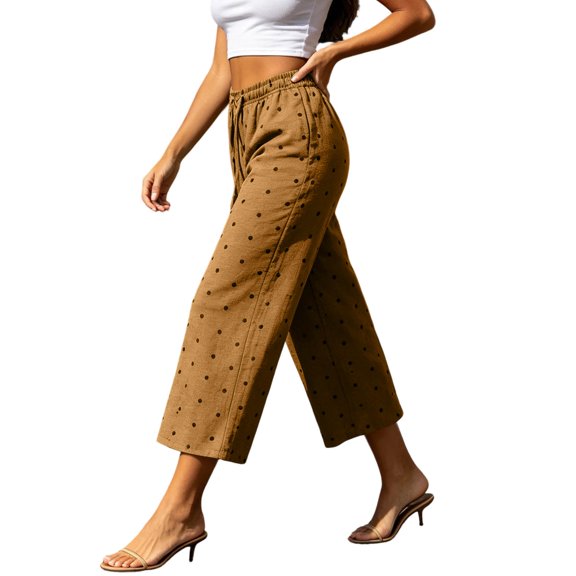 Vrorvz Polka Dot Capri for Womens Drawstring Elastic Waisted Capris Wide Leg Summer Casual Trouser with Pockets
