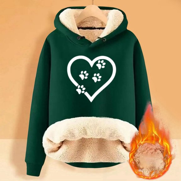 Women's Hoodies Sweatshirts Cozy Thickened Long Sleeve Hooded Pullover with Cute Dog Cat Heart Pattern for Everyday Comfort Green 5XL
