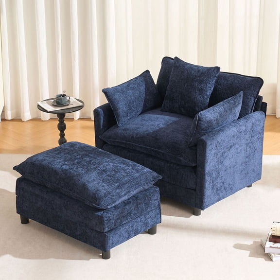S-HOME Modern 39.4 Inch Chenille Armchair with Ottoman, Upholstered Single Seat for Living Room and Bedroom Use, Blue