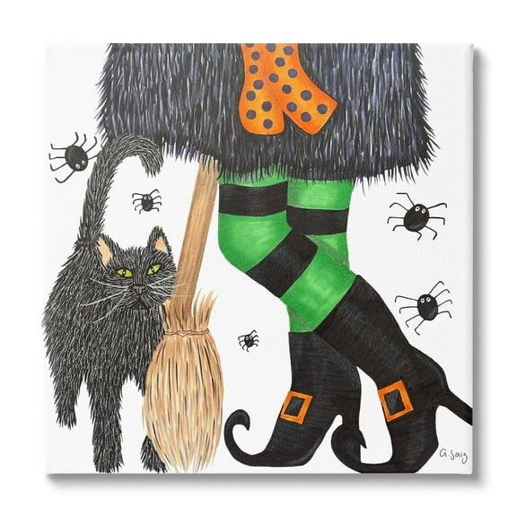Stupell Industries Witch Broom Halloween Black Cat Holiday Painting Gallery Wrapped Canvas Print Wall Art