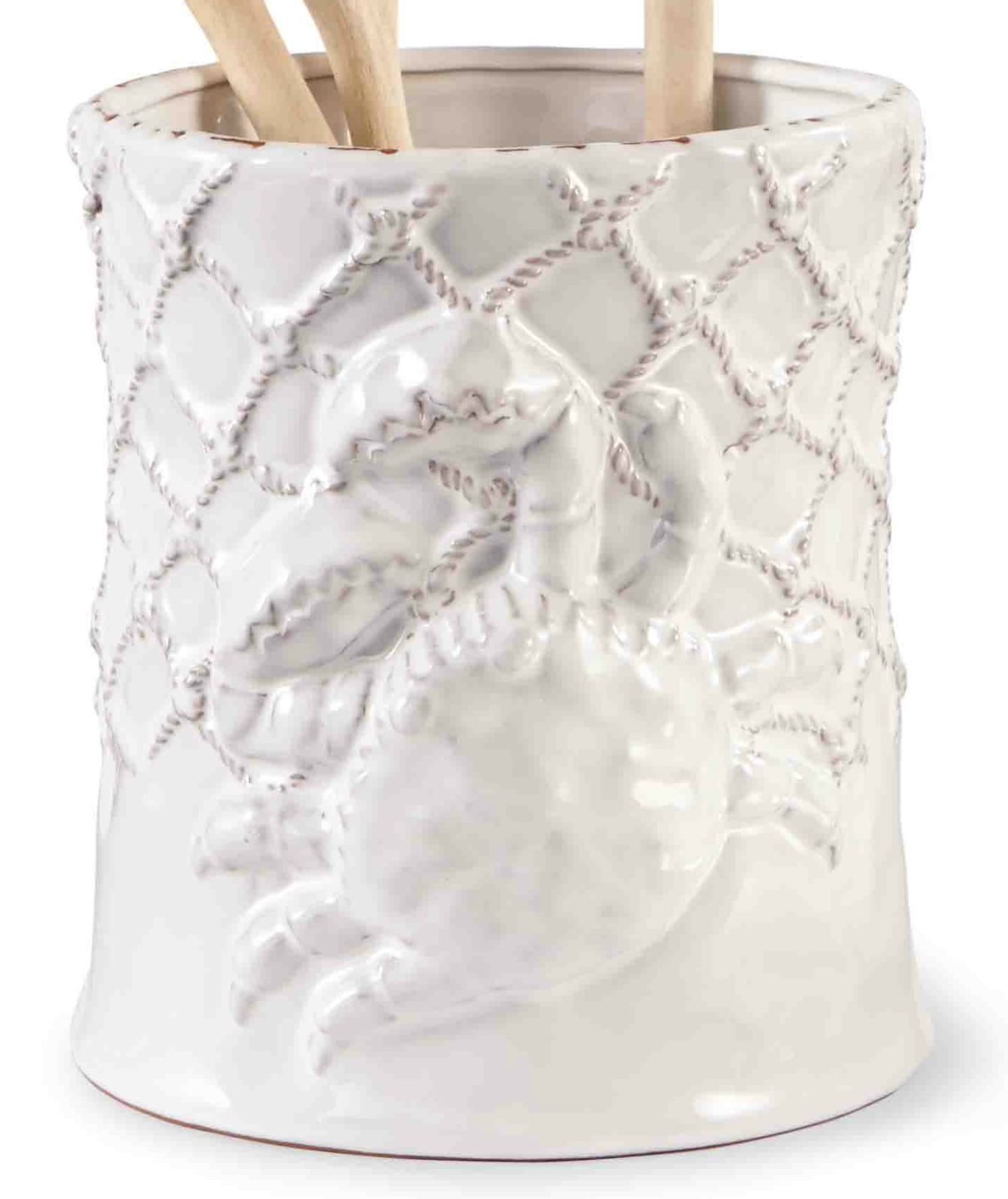 Coastal White Crab Kitchen Utensil Holder Milk Glaze Terracotta