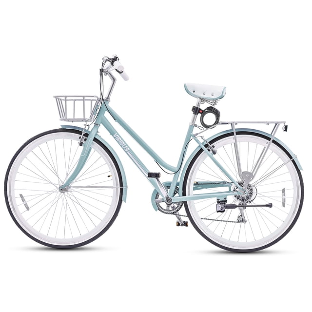 Viribus Hybrid Bike, 700c City Commute Cruiser Bike with 7 Speed Drivetrain 28" Wheel Step Through Frame Front Basket Rear Cargo Rack Dual V Brakes,Mint