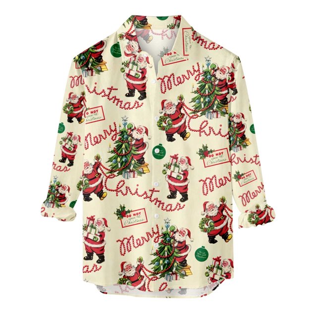 Pompotops Chemise à Manches Longues pour Hommes, Boutons Décontractés, Imprimé Santa Claus, Col Rabattu, en Solde