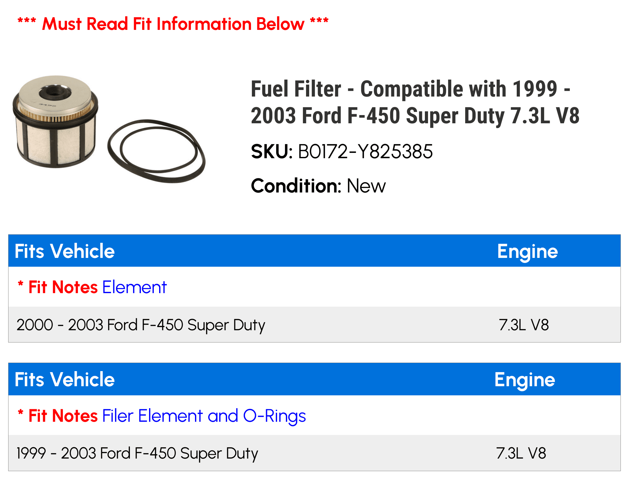 Fuel Filter - Compatible with 1999 - 2003 Ford F-450 Super Duty 7.3L V8 2000 2001 2002