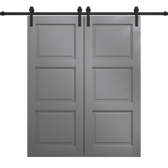 Modern Double Barn Door 36 x 80 inches | Ego 5010 Painted Grey Oak | 13FT Rail Track Set | Solid Panel Interior Doors