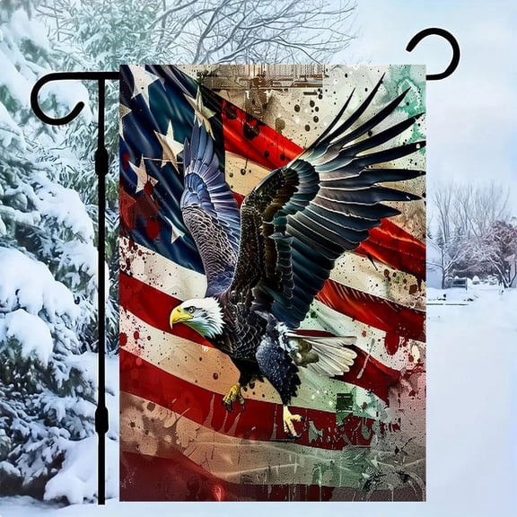 RKSupls Patriotic Linen Double Sided Garden Flag, Independence Day Themed Yard Decor, Soaring Eagle Collage Flag Outdoor Banner for Holiday Lawn