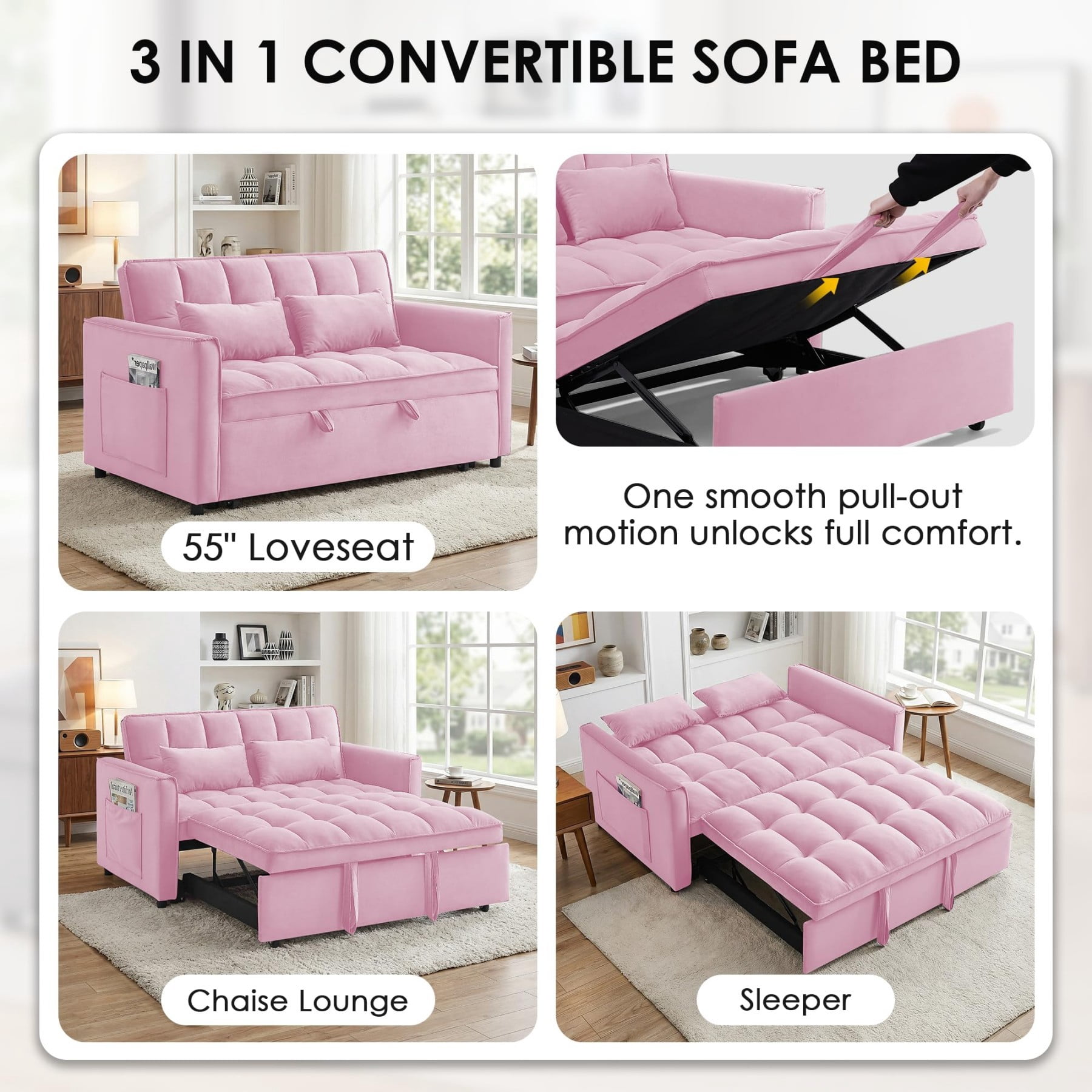 54" 3 in 1 Convertible Velvet Sofa Bed, 3 Position Foldable Sleeper Couch with Adjustable Backrest & Pillows, Pink