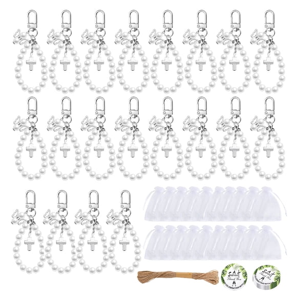 20Sets Symbolic Crosses Pearls Keychain Gift Elegant Wedding Baptism Favor With Organza Bags Elegant Pearls Beaded Charm