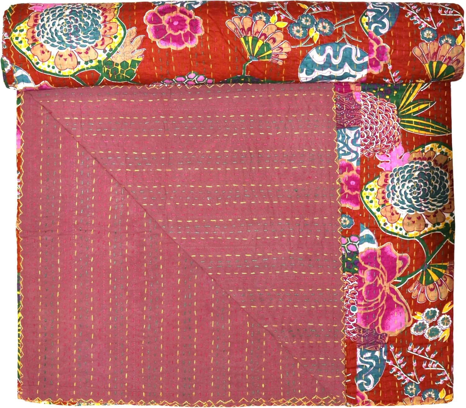 Indian Handmade Floral Print Kantha Quilt, Bedspread , Blanket Size ( King 108" x 108" )