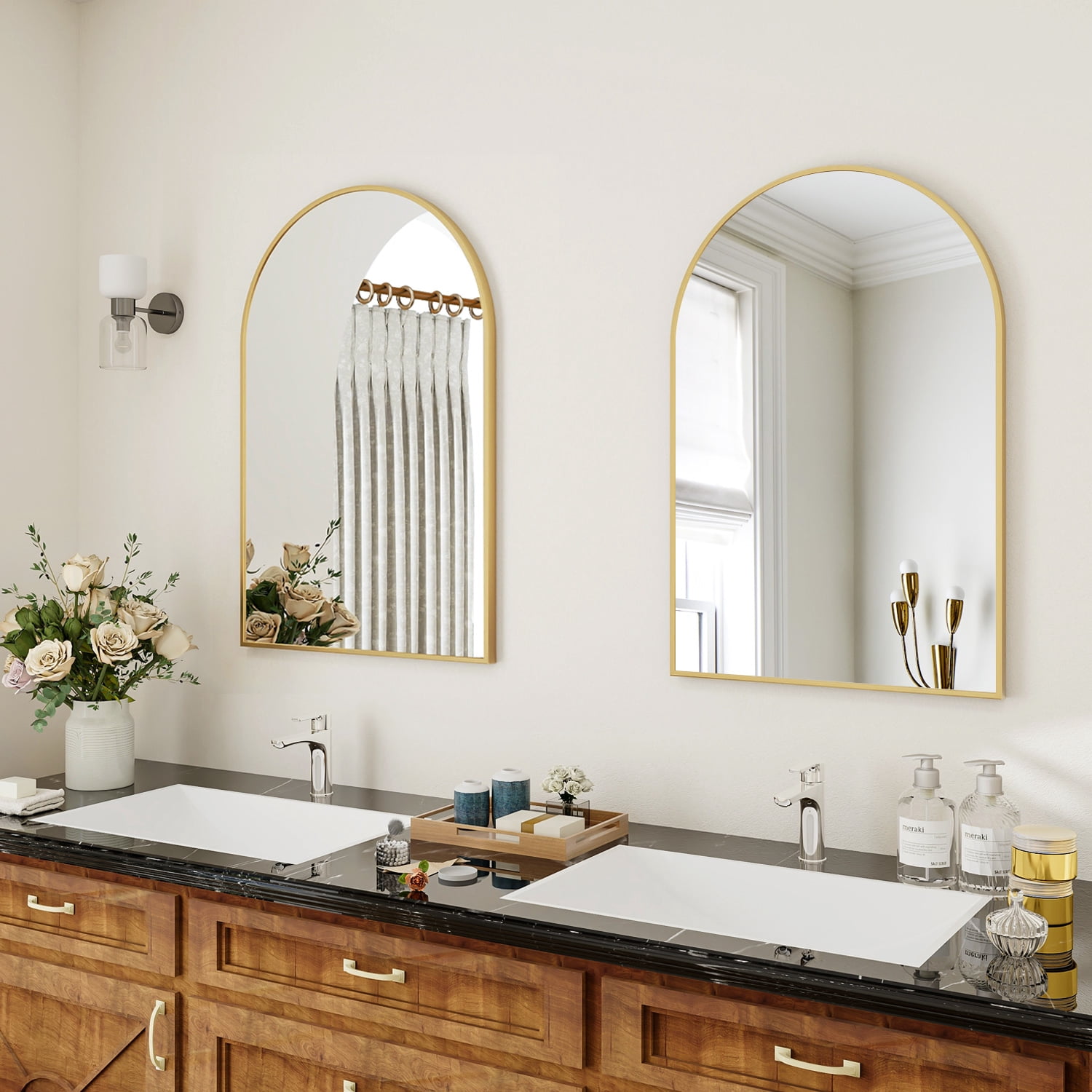 AUROMIR 16"x24" Arched Wall Mounted Bathroom Mirror Arched Vanity Mirror, Gold