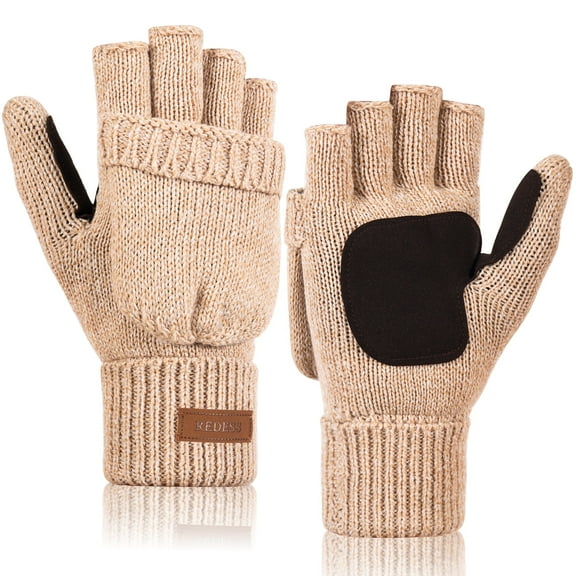 REDESS Winter Mittens Fingerless Gloves for Women and Men Knitted Convertible Gloves,Beige