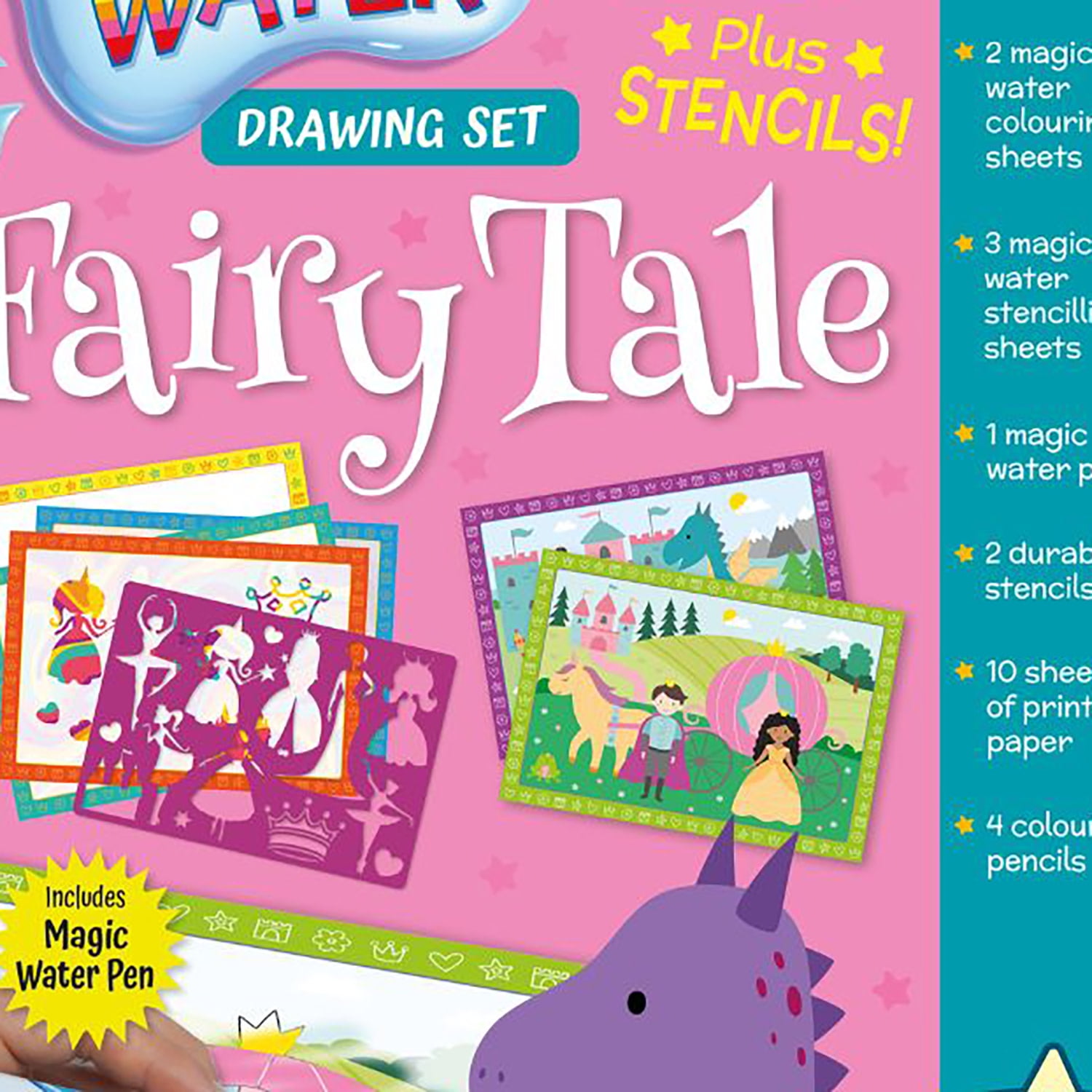 Buddy & Barney: Magic Water Drawing Set - Fairy Tale - Stencils-Magic Pen-Colored Pencils, Art Paper Sheets, Princess-Fantasy Themed Activity, Kids 3+