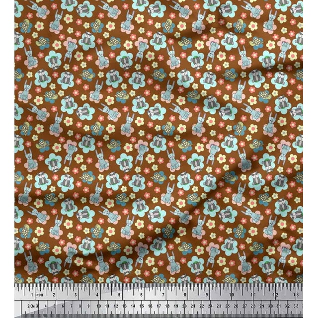 Soimoi Polyester Crepe Fabric Tortoise,Rabbit & Panda Kids Printed Fabric 1 Yard 52 Inch Wide