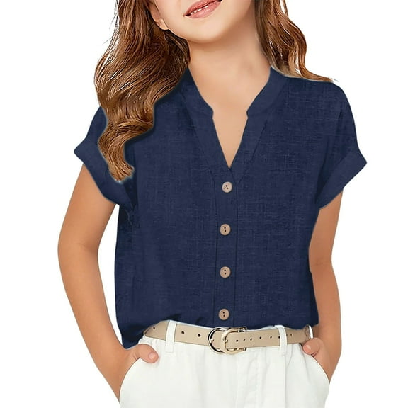 XIMIN Summer Linen Tops for Girls Roll Up Short Sleeve Tshirts Workout Button Down Plus Size Cotton Linen Shirt Trendy V Neck Blouses with Side Slit (6-7 Years, Navy)