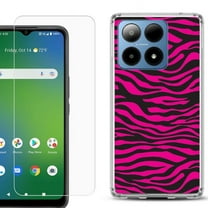 For Boost Mobile Summit 5G Shockproof Phone Case Cover with Tempered Glass Screen Protector, by OneToughShield - Zebra Pink