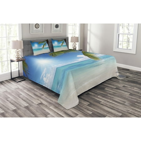 Ocean Bedspreads Summer Bedspread Set, Tropical Paradise Beach with Coconut Palms Crystal Ocean Clear Sky, Decorative Quilted Coverlet Set with Pillow Shams Included, Sky Blue Fern Green Pearl, by Ambesonne ()