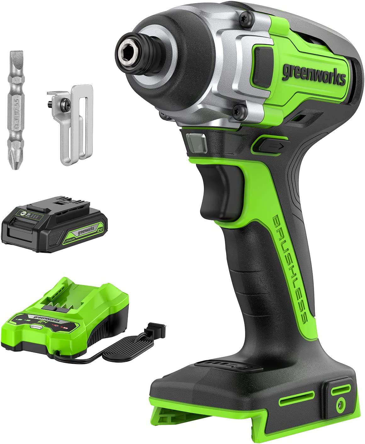 Greenworks 24V Brushless Impact Driver Kit, 2650 in-lbs 3-Speed + 2Ah Battery & 2A Charger