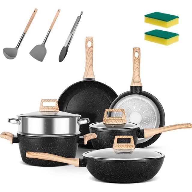 Sartenes Antiadherentes, Juego de 14 Ollas y Sartenes, Bateria de Cocina, Utensilios de Cocina de Inducción de Granito con Sartenes, Cacerolas, Sartén, Espátula (Negro)