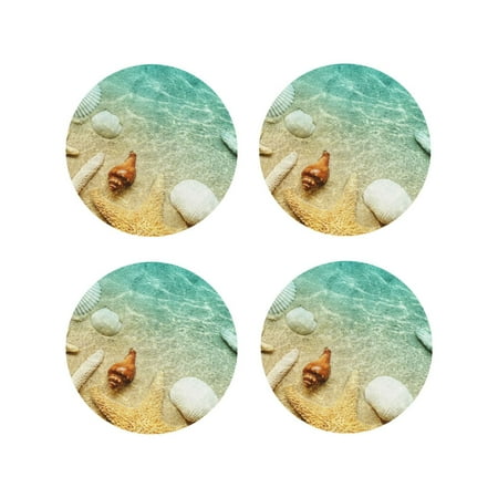 

Matuu Starfish And Seashell On The Beach for Cup Coasters Set of 4 Leather Coasters Desk Coasters for Office Measures 4” x 4”-Round Shape