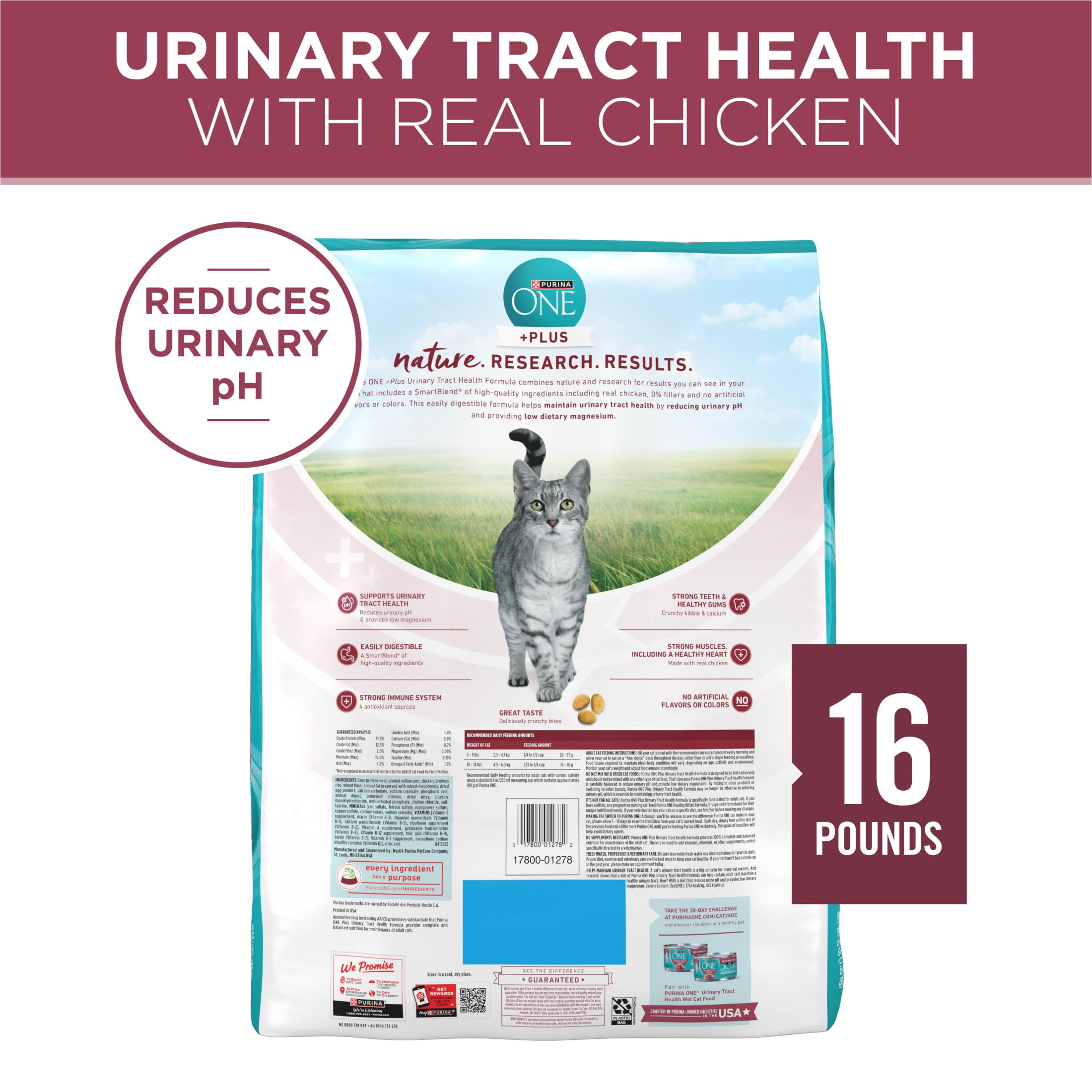 Purina ONE Plus, Urinary Tract Health Formula Dry Cat Food, Chicken, 16 lb Bag