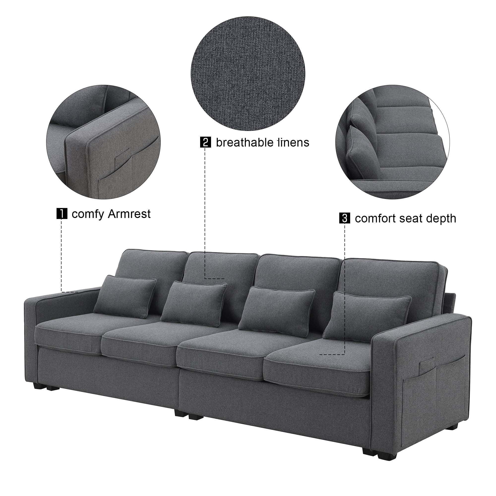 Leumius 104" Sectional Sofa, Modern Linen Fabric 4-Seater Sofa Couch with 4 Pillows, Minimalist Style Couch for Living Room, Apartment, Office, Dark Gray