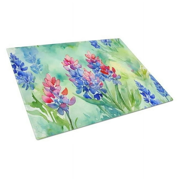 Texas Bluebonnets in Watercolor Glass Cutting Board Large 12 in x 15 in