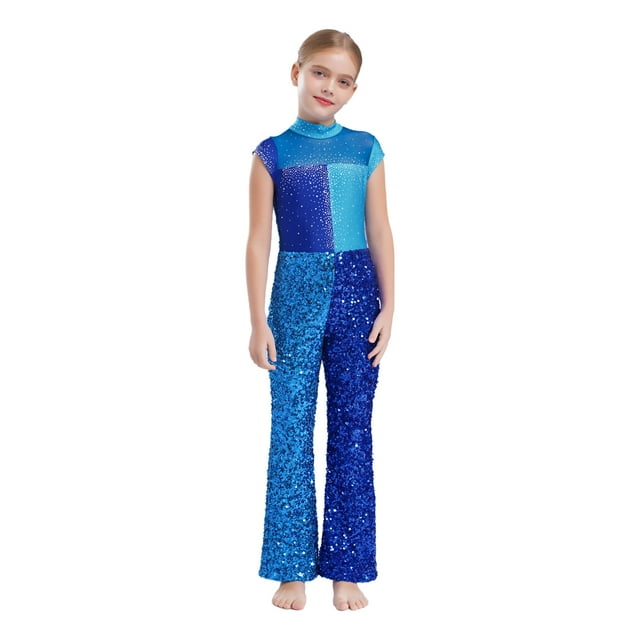 Sinleey Combinaison Sans Manches à Paillettes à Pattes d'Éléphant pour Filles Enfants Justaucorps Catsuit Latin Moderne Jazz de Salon Performance Tenue de Danse Bleu 6