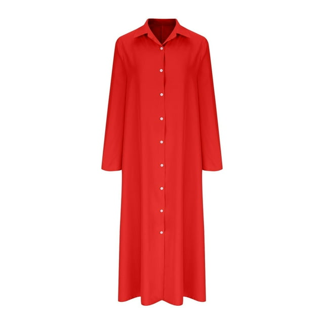 Cameland Robe Maxi pour Femme à Manches Longues, Col à Revers, Boutonnée, Décontractée, Ample, Grande Taille, Longueur Cheville