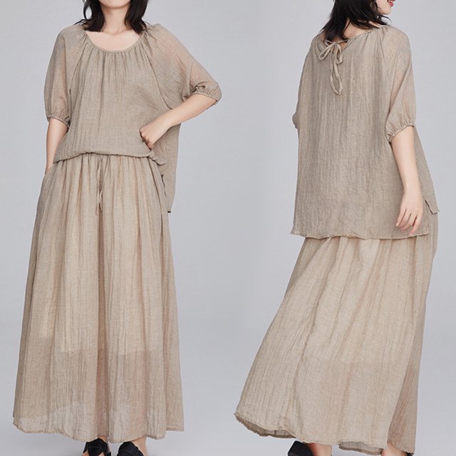 BEFOKA Robe pour Femme Grande Taille, Liquidation de Robes d'Été pour Femmes, Jupe de Complet Ample et Décontractée d'Été pour Femme à Couleur Unie, Manches Mi-Longues, Col Rond