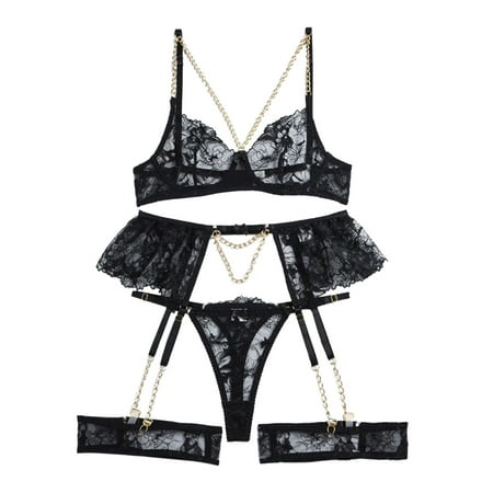 

Yubnlvae Women Fashion Print Mesh Lingerie Lace Lingerie Three Pieces Set Underwear