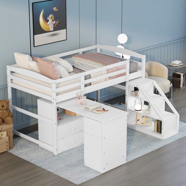 Bellemave Twin Loft Bed with Movable Desk and Stairs, Wood Low Loft Bed ...