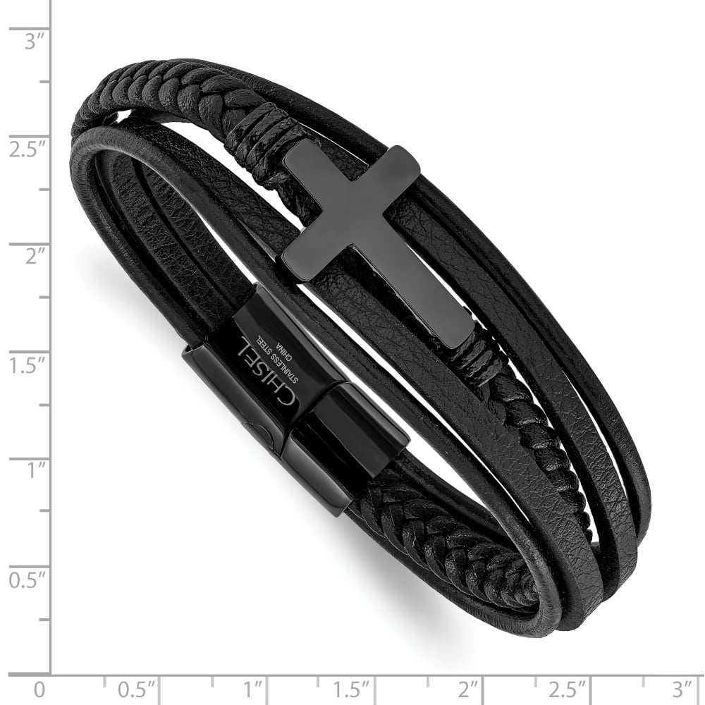 Diamond2Deal Stainless Steel Black IP-Plated Cross Black Polyurethane and Leather Multi Strand Bracelet for Men 8.75"