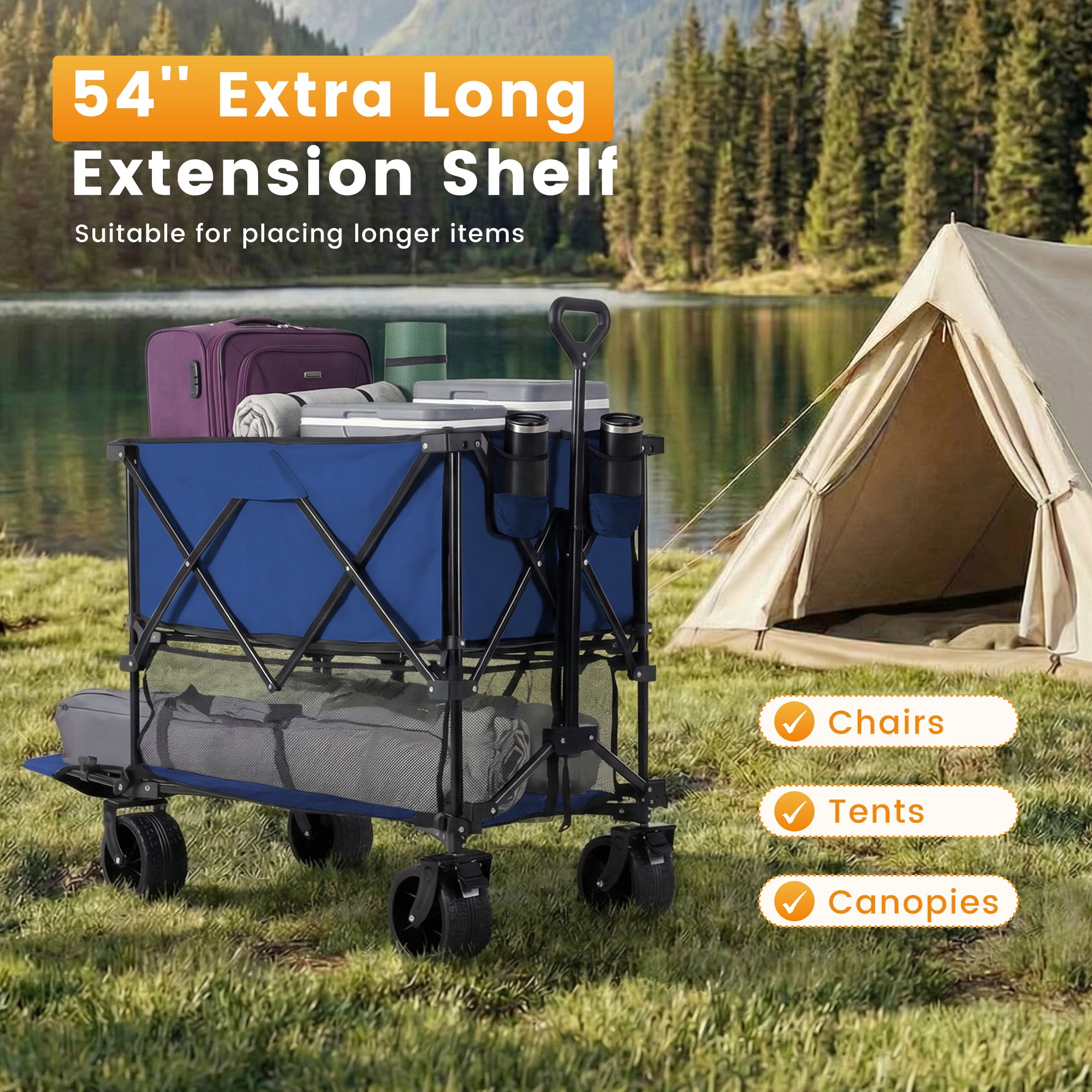 edx Large Capacity Folding Double Decker Wagon with Brakes, 54" Extra Long Extended Wagon, Equipped with 7" All-Terrain Big Wheels for Camping, Sports, Beach