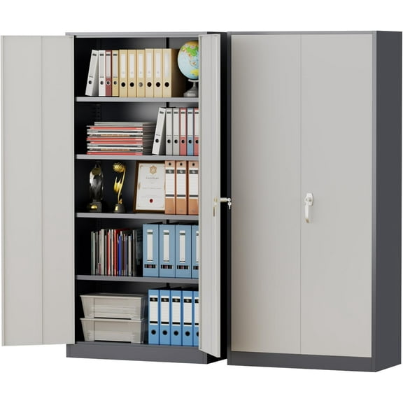 Pataku Metal Storage Cabinet, 71" Garage Cabinet with Doors and Shelves Lockable Steel Multifunctional Cabinets, File Cabinets for Home, Office, Garage, Warehouse(White Grey)
