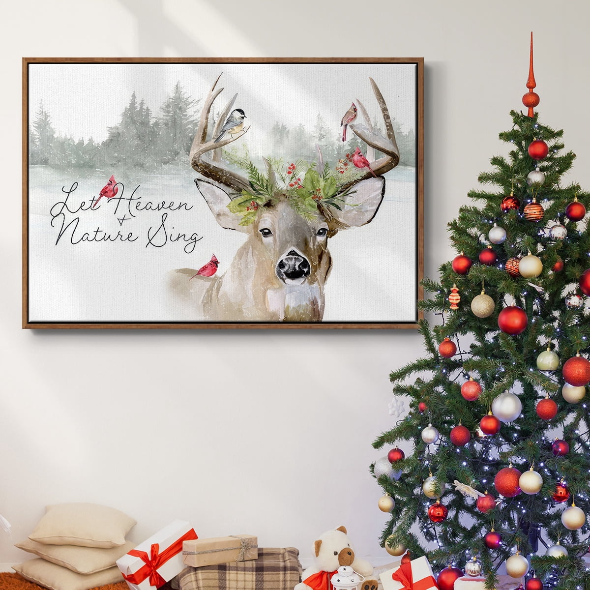 Holiday Deer Collection A - Framed Gallery Wrapped Holiday Canvas - 17 x 25 - Rosewood Frame
