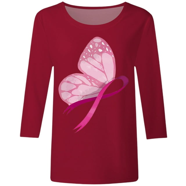 Fgnfyis T-Shirt de Sensibilisation au Cancer du Sein pour Femmes Col Rond Manches Courtes Haut Décontracté avec Imprimé pour Printemps Été Automne Usage Quotidien Tee Confortable à Assortir avec des Jeans Hauts pour Femmes Rouge Melon D\'eau m
