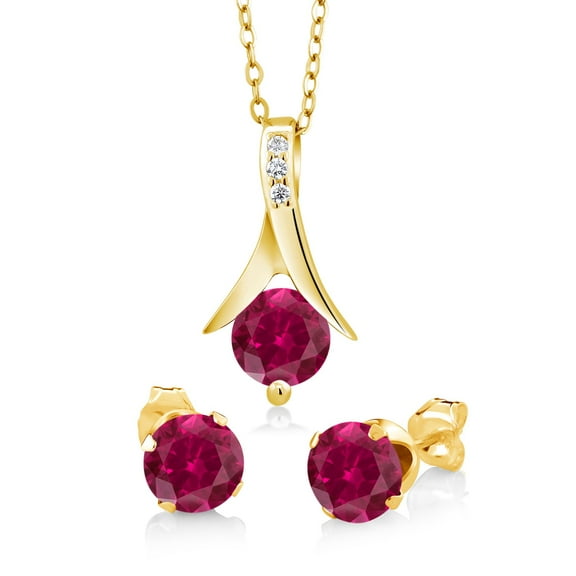 Gem Stone King 18K Yellow Gold Plated Silver Created Ruby Pendant and Earrings Jewelry Set for Women | 2.40 Cttw | Round Cut 6MM | With 18 inch Silver Chain