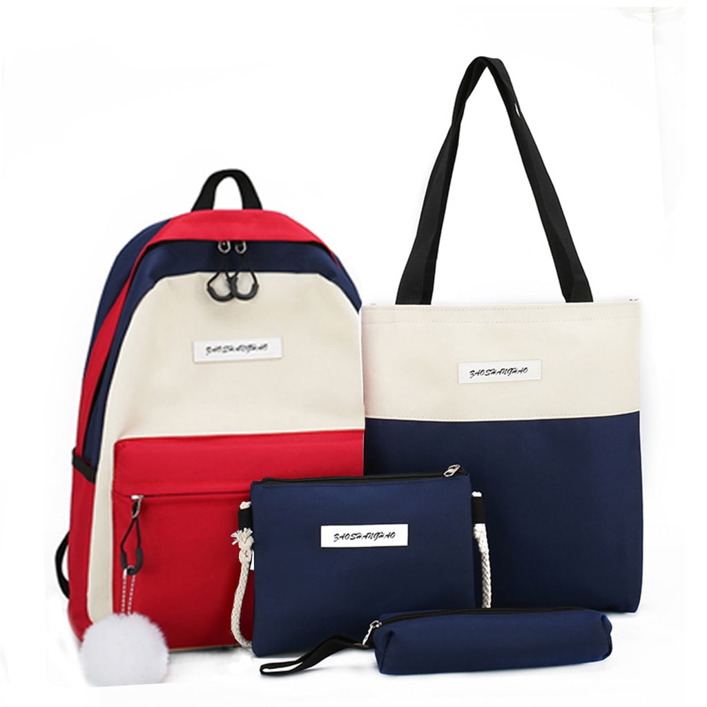 4pcs Unisex Canvas Backpack Bookbag Shoulder Bag Handbag Pencil Case Purse Set 