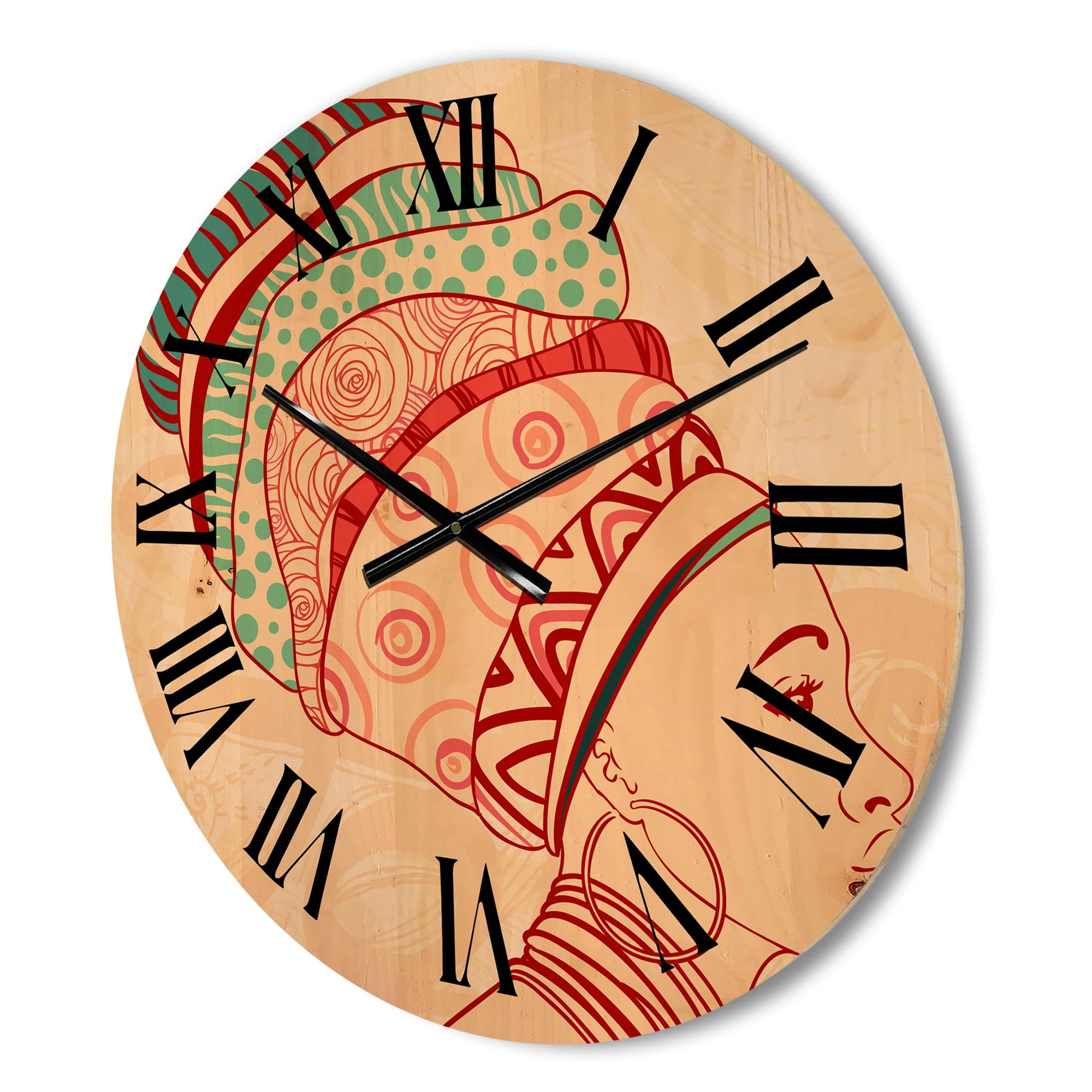 Designart 'African American Woman Portrait with Turban II' Modern Wood Wall Clock