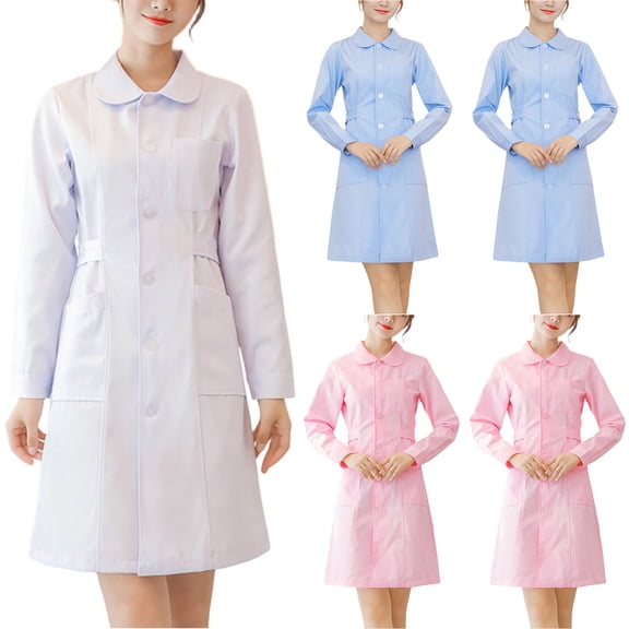 longantii Nurse Scrubs Dress for Women Formal Lapel Collar Short Sleeve Button Down Work Dress Comfy Nursing Uniform with Multi-Pockets White