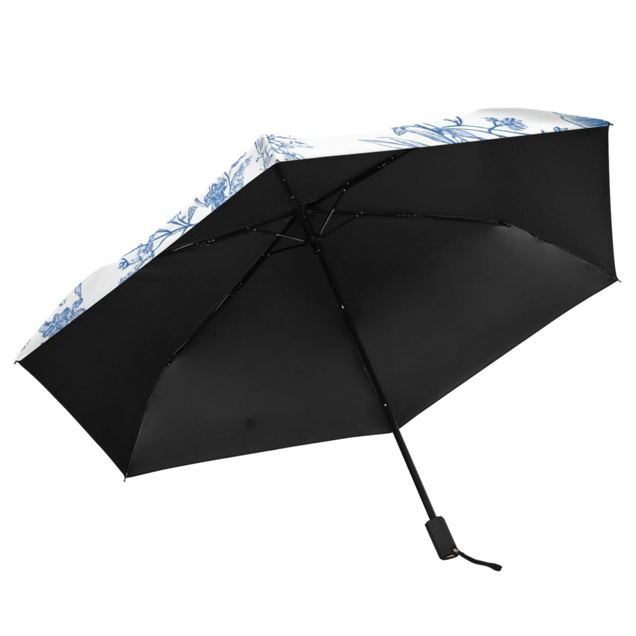 Different Blue Ink Flowers All Weather Umbrella Triple Folding Parasol 6 Ribs UV Protection Portable